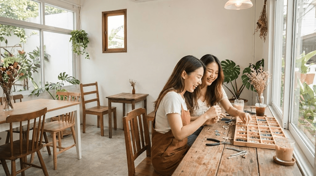 Friends making crafts in cafe